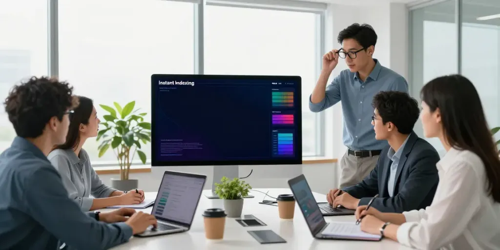 Team collaborating on instant indexing strategies in a modern marketing office