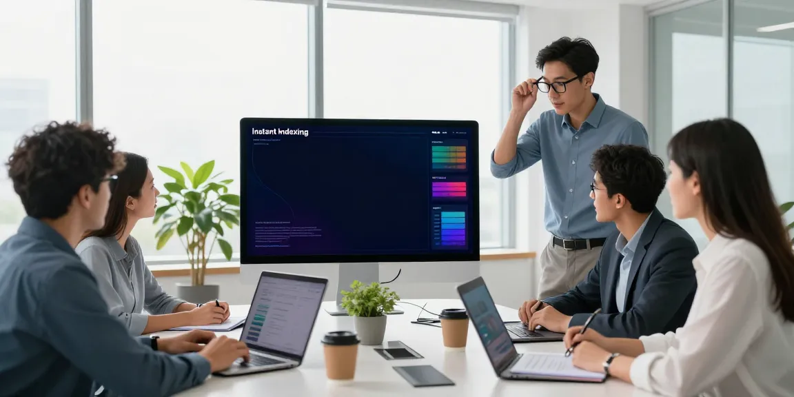 Team collaborating on instant indexing strategies in a modern marketing office