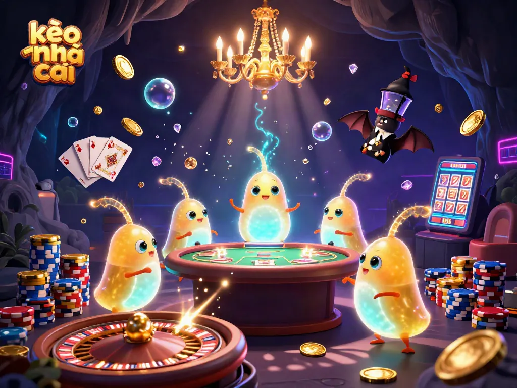 Engage with kèo nhà cái in a vibrant 3D casino scene illuminated by glowworms and bat dealers.