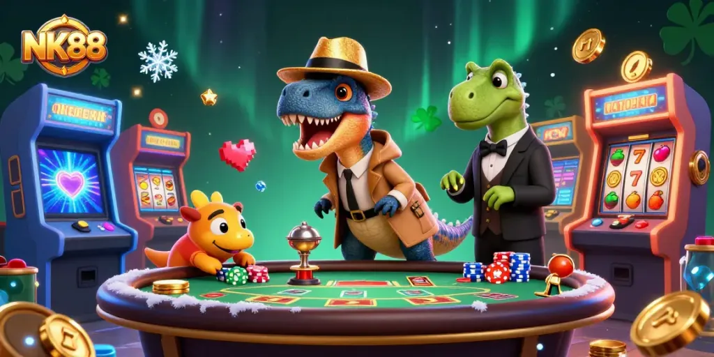 NK88 game experience with cartoon velociraptor counter and colorful casino elements.