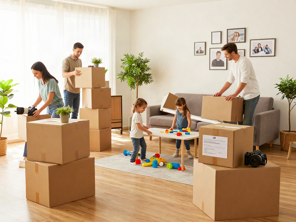 Family members engaged in furniture removals in a bright living room, packing boxes joyfully.