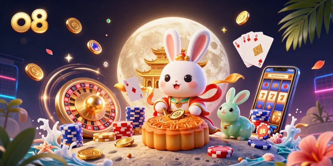 Experience thrilling wins at o8 with our vibrant 3D moon rabbit casino illustration featuring golden poker chips.