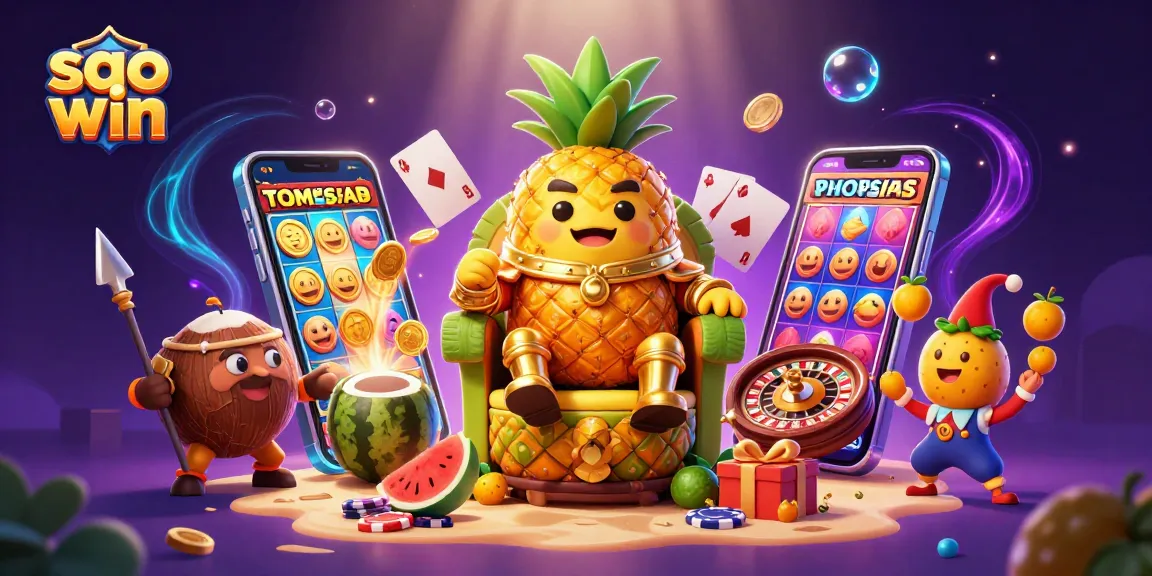 Experience the excitement of playing slots at Sao Win with a vibrant casino scene featuring a golden pineapple king and tropical elements.