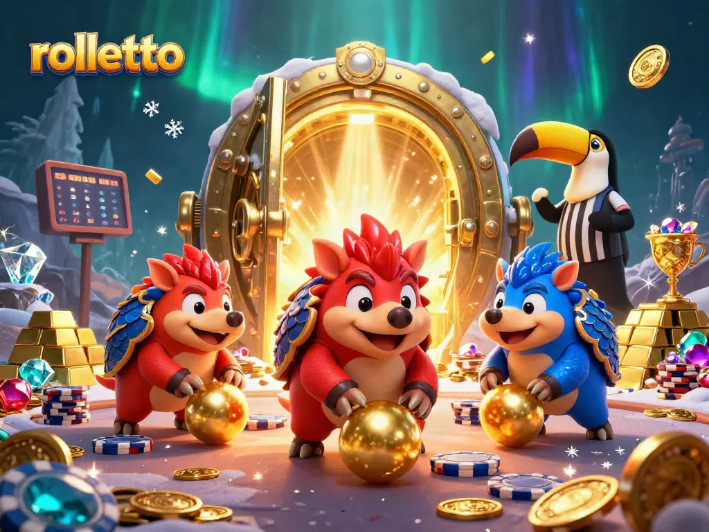 rolletto pangolins bowling through poker chips and treasure in vibrant 3D illustration.