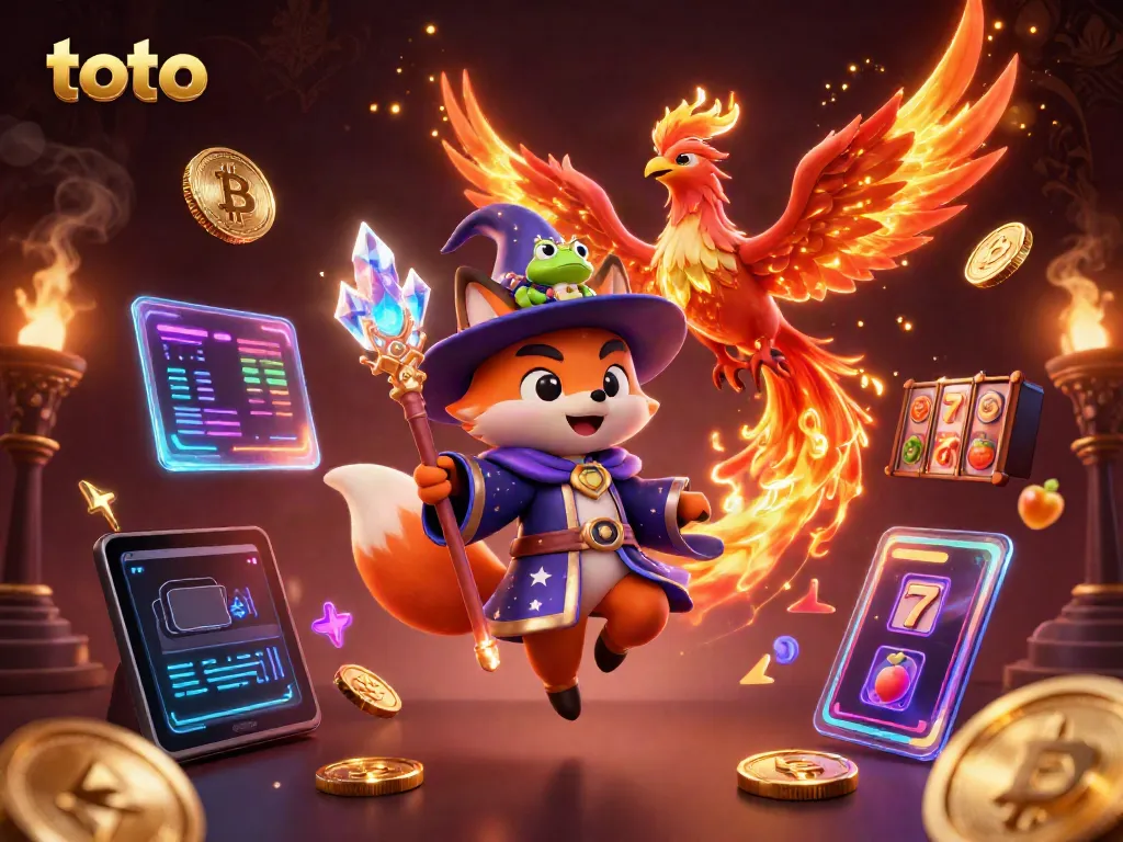 Experience the gaming magic of toto with a whimsical wizard and phoenix surrounded by slot symbols.