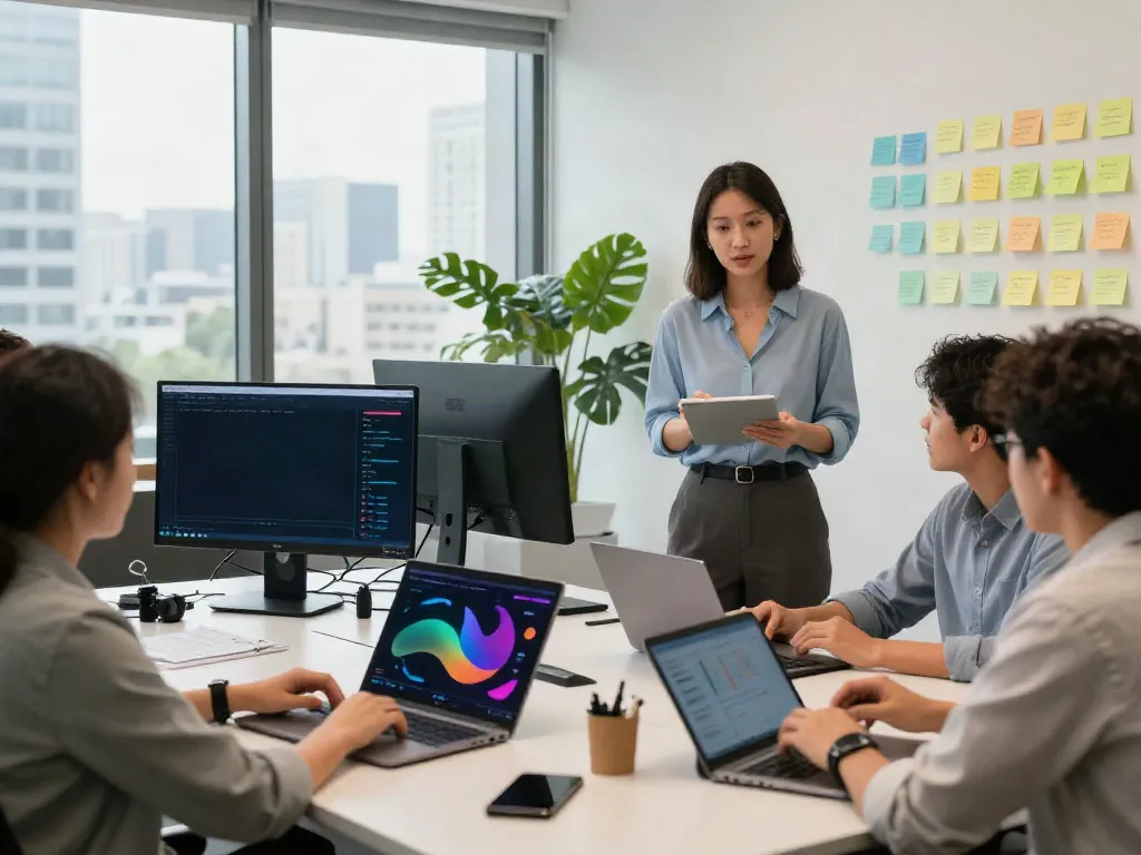 Team collaborating on paid ads management strategy in a contemporary office.