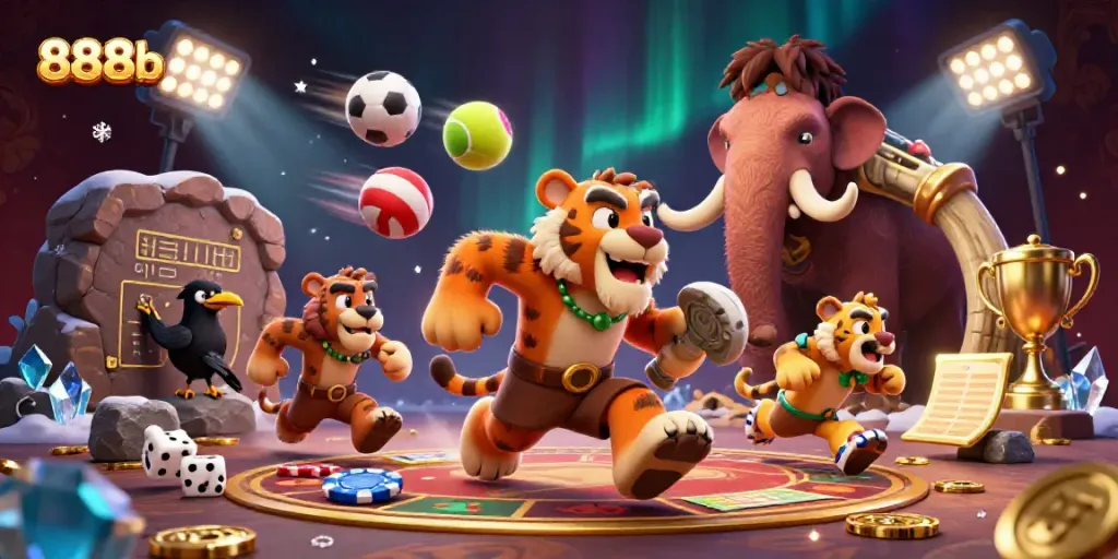 Engage in thrilling gaming with 888b, lively scene featuring a caveman duo and sports elements.