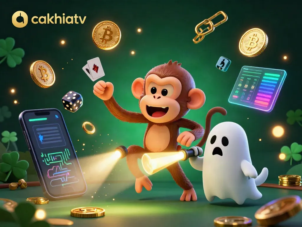 Cakhiatv showcases a playful poltergeist monkey juggling golden gambling items in a haunted casino environment.