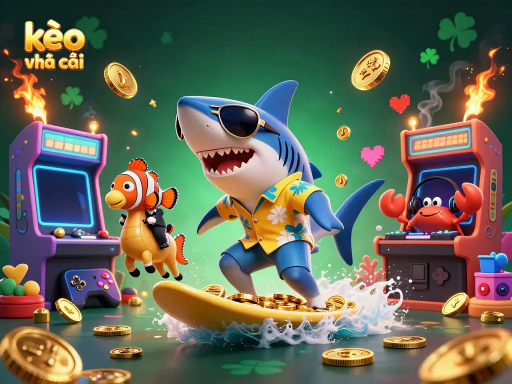 Experience kèo nhà cái through a vibrant 3D underwater scene with a shark and coral DJ.