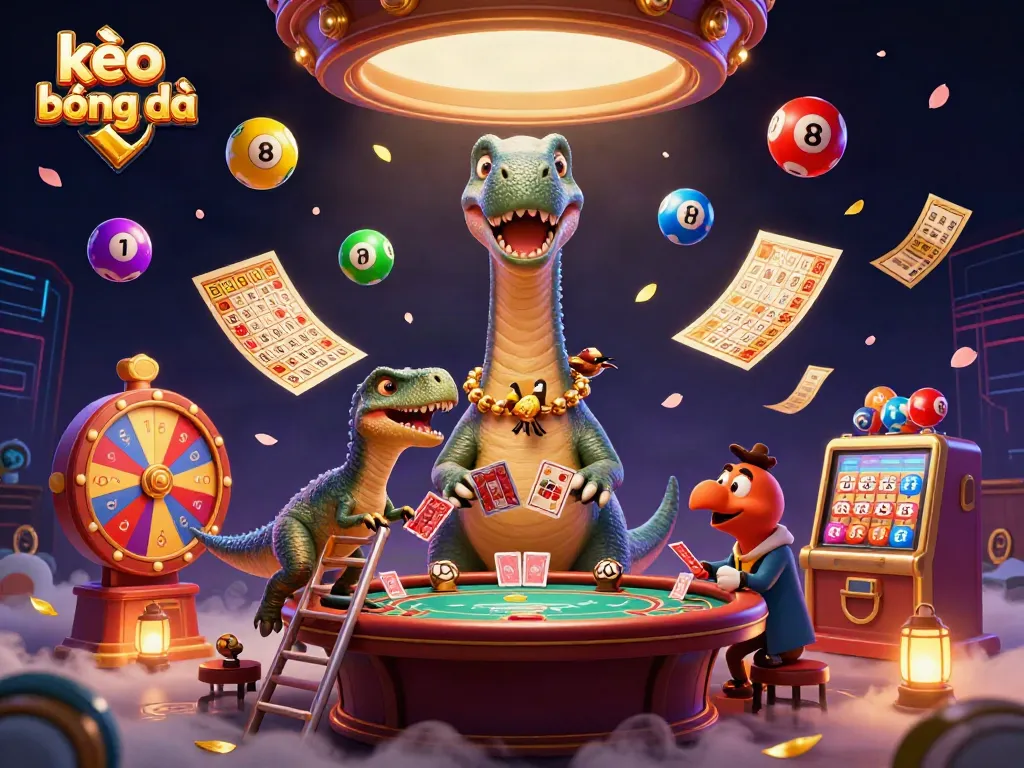 Experience kèo bóng đá in a vibrant casino scene with a giant brontosaurus and clever raptor dealer.