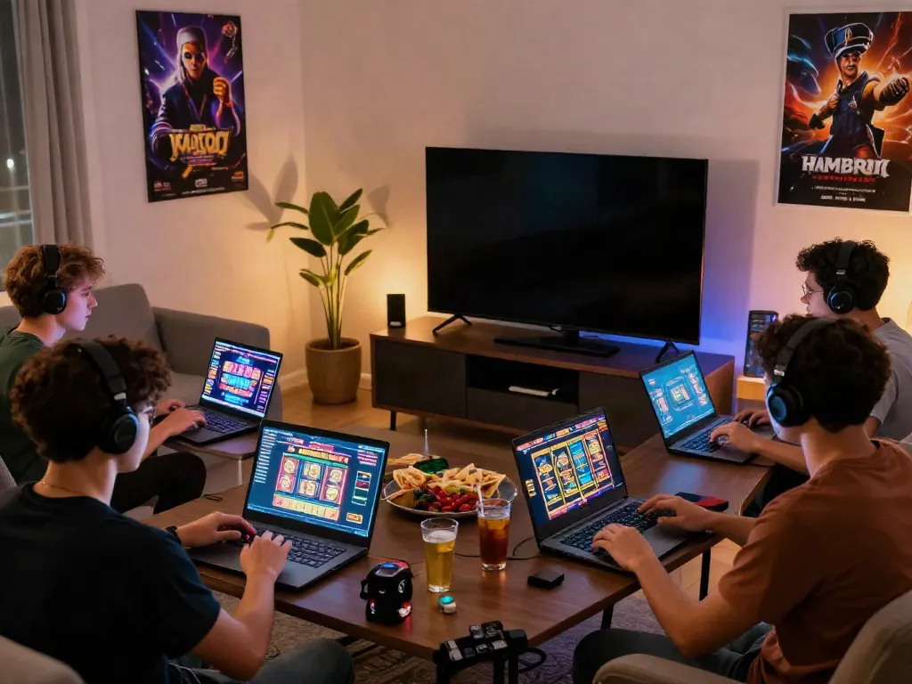 Friends enjoying gaming experience at https://gem88.jpn.com/ with colorful displays and inviting atmosphere.