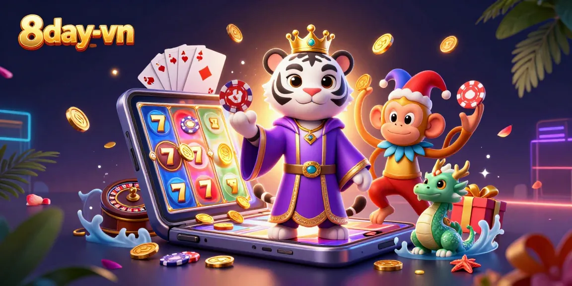Engage with 8day-vn through a vibrant 3D casino scene featuring a tiger and monkey amid rich gaming elements.