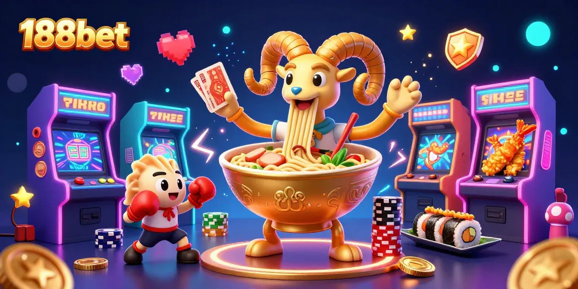 Engage with 188bet's unique gaming scene featuring a vibrant cartoon casino with colorful characters and elements.