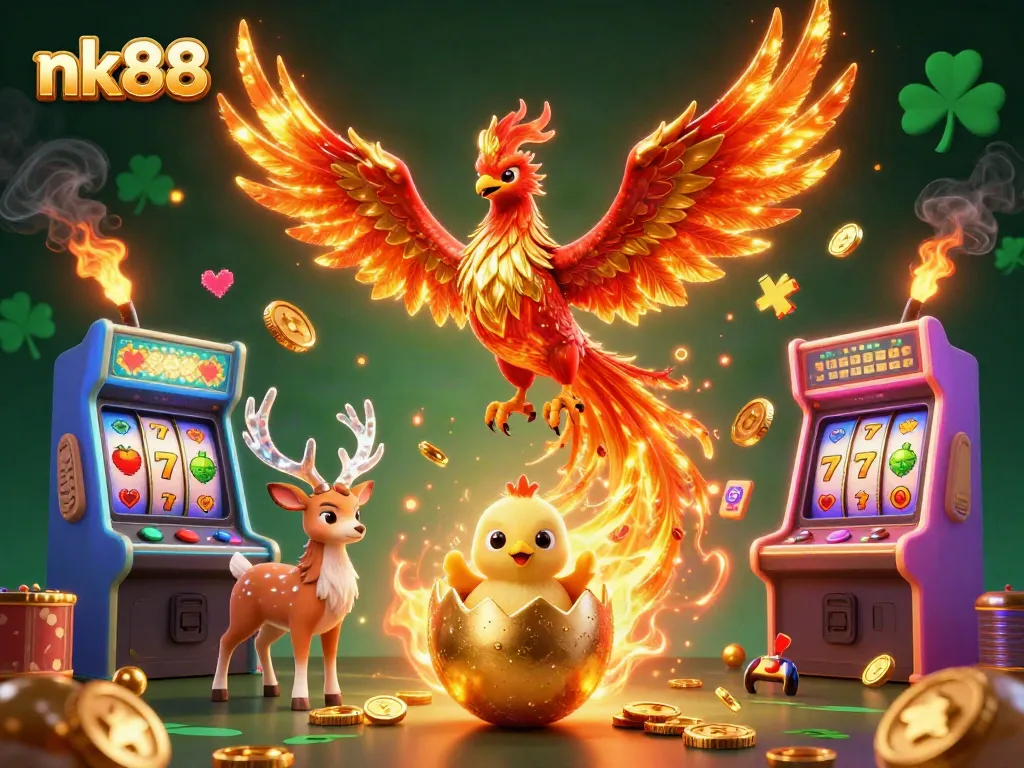 Engage with nk88's exciting slot games featuring a phoenix and vibrant golden visuals.