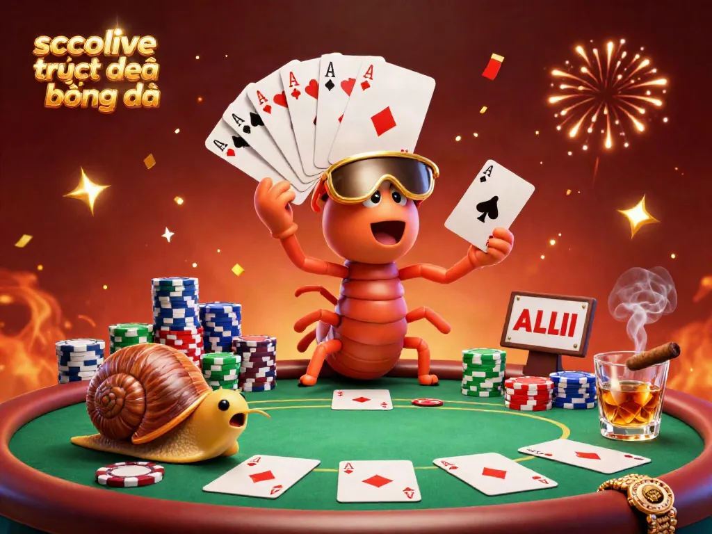 Socolive trực tiếp bóng đá scene featuring a millipede dealer and high-roller snail at a vibrant poker table.