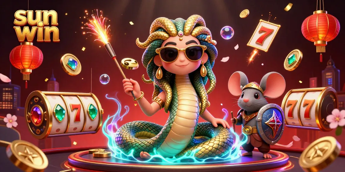 Experience exciting wins at sun win with friendly Medusa and a mouse warrior surrounded by jewels and casino elements