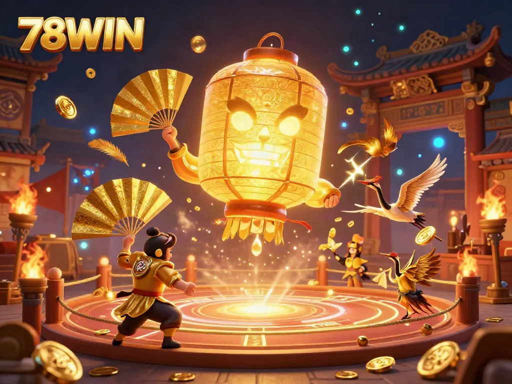 Experience the vibrant world of 78WIN with dynamic gambling elements, radiant golden characters, and rich details.