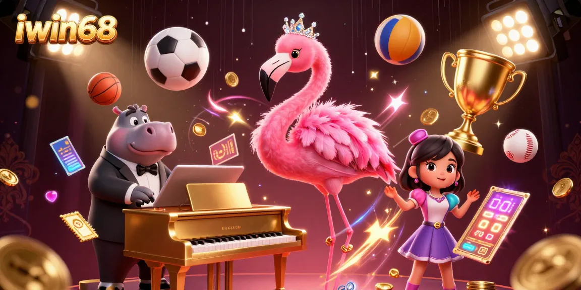Join the exciting action at iwin68 with a vibrant casino scene featuring a singing flamingo and jazz hippo.