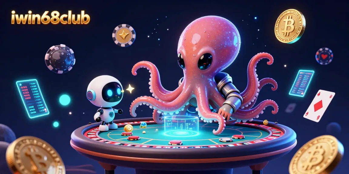 Experience excitement at iwin68club with alien octopus dealing poker and orbiting vibrant chips.