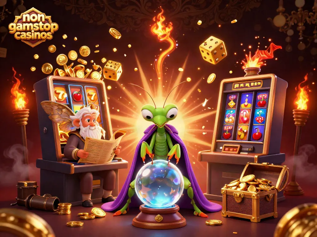 Engaging scene showcasing non gamstop casinos with vibrant characters, slot machines, and casino elements