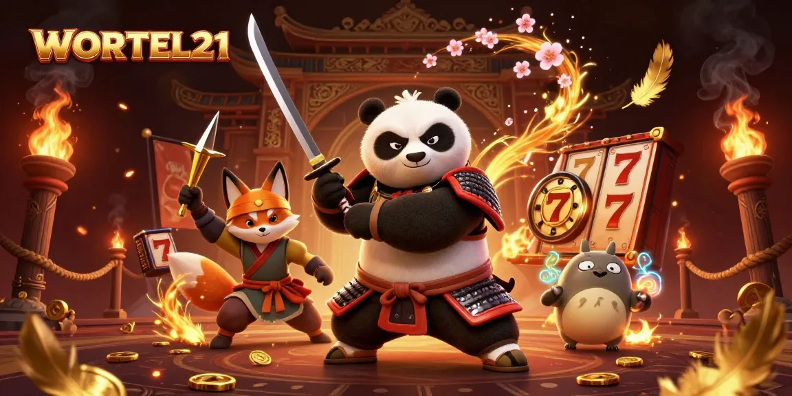 WORTEL21 casino scene with samurai panda, ninja fox, and spirit tanuki showcasing slot excitement