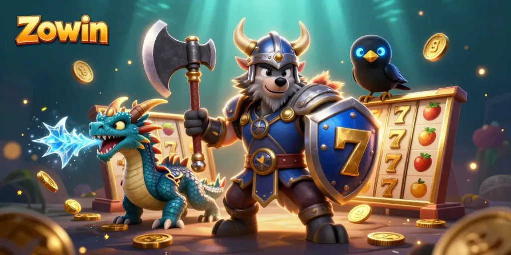 Experience Zowin's vibrant casino adventure with a 3D Viking wolf, dragon, and casino themes