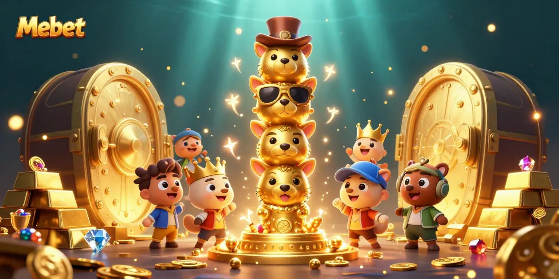 Mebet showcases vibrant gaming elements amidst a dynamic totem pole and treasures.