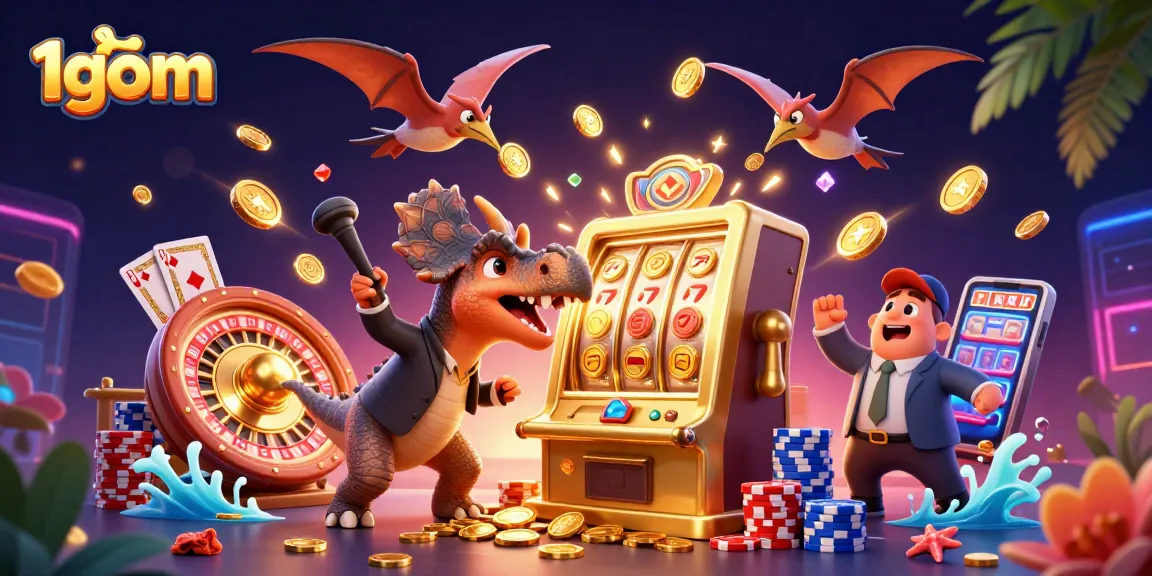 Experience thrilling wins at 1gom with dynamic casino action, showcased in vibrant 3D illustration.