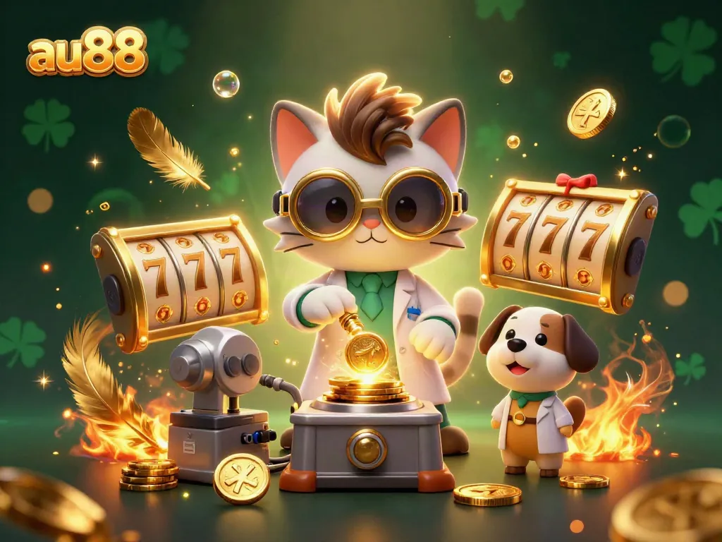 Experience thrilling action with au88 in this vibrant 3D casino scene featuring a mad scientist cat and dynamic game elements.