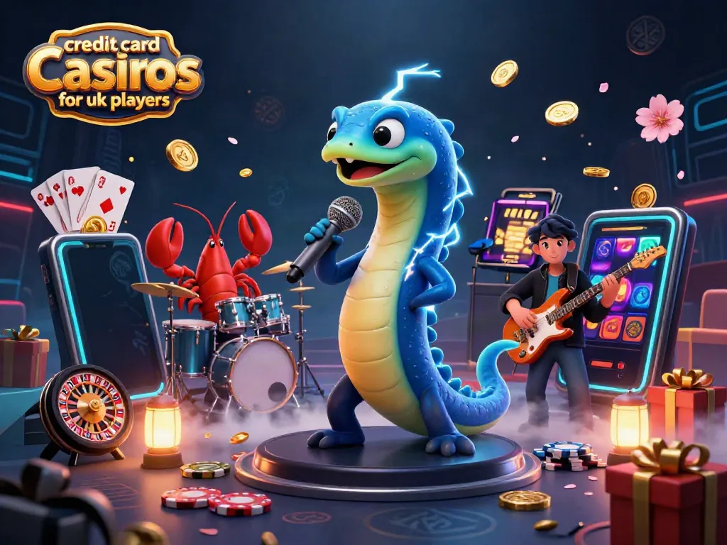 Engaging scene depicting credit card casinos for UK players with an electric eel DJ, lobster drummer, and seahorse guitarist in an underwater casino setting.