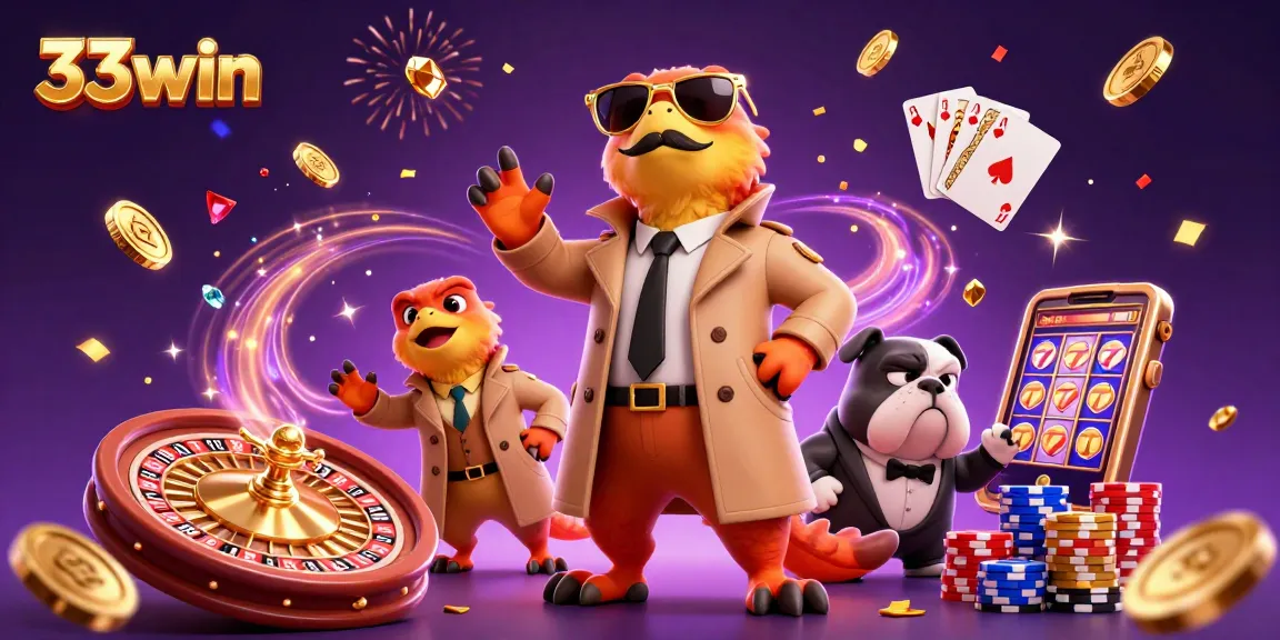 Experience the dynamic excitement of 33win with vibrant gaming elements and cartoon raptors at a VIP casino.