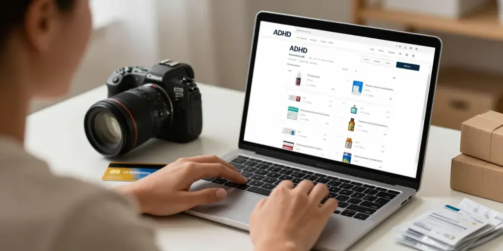 Online shopping for Elvanse for sale on a laptop; cozy home atmosphere.