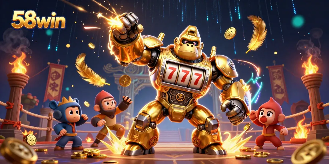 58win showcases an explosive gaming action scene with slots and casino elements.