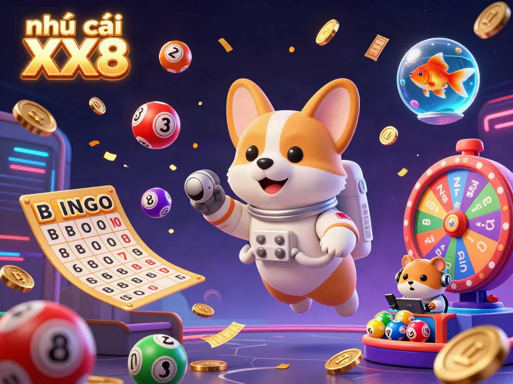 Experience the excitement of Nhà cái XX8 with a vibrant 3D gaming scene featuring animated characters and dynamic game elements.