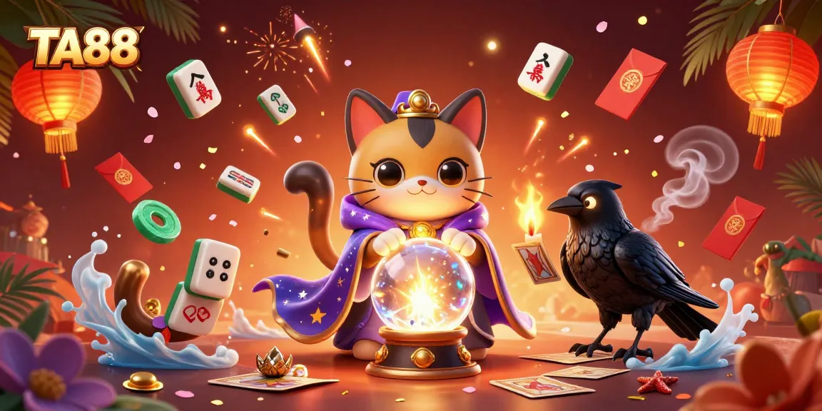 Engage with TA88 casino excitement through a mystical 3D illustration featuring vibrant game elements.
