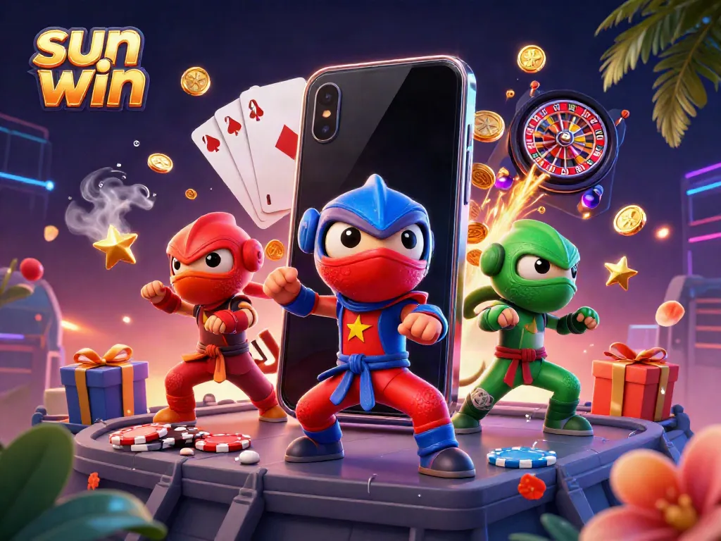 Experience the thrill of sun win as chameleon ninjas engage in casino-themed adventure with vibrant colors and dynamic poses.
