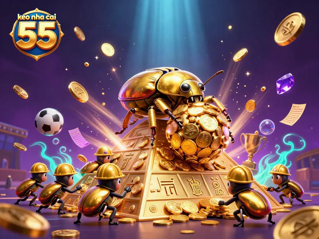 Engage with keo nha cai 55, showcasing a golden beetle amidst sparkling coins and sports betting elements.