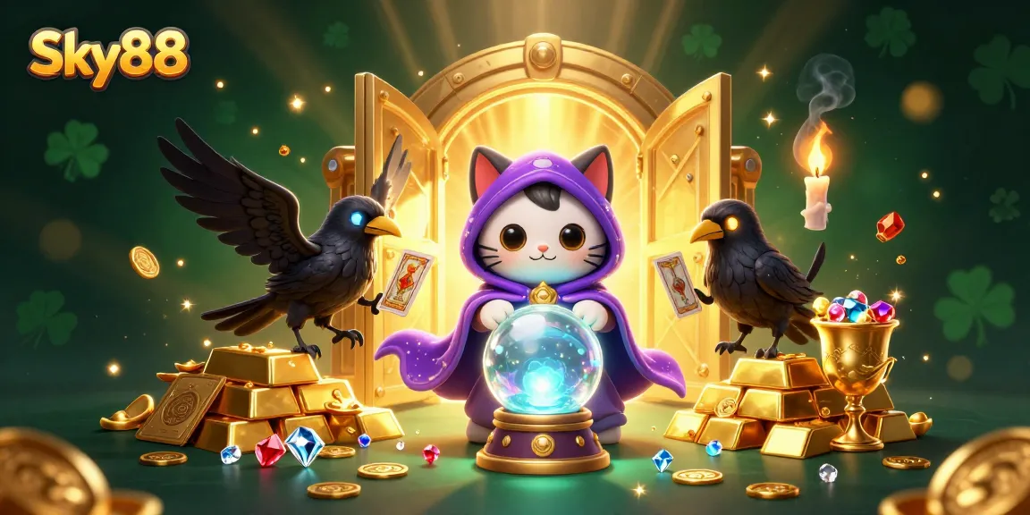 Engage with Sky88's thrilling online games while exploring treasures in a mystical casino scene.