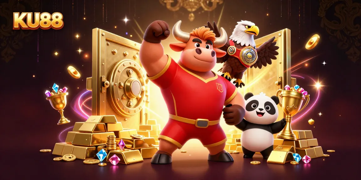 KU88 celebrates big wins in a dynamic casino scene featuring a cartoon bull, an eagle, and a panda.