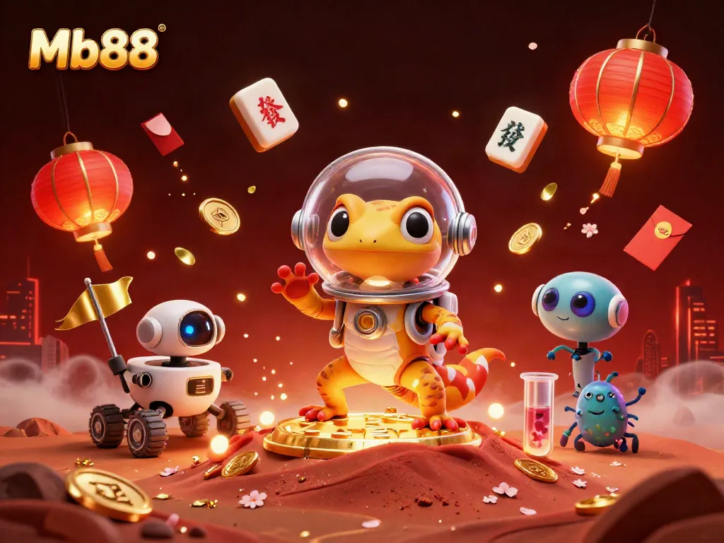 Experience excitement at Mb88 with a Martian gecko discovering a golden casino in this vibrant 3D scene.