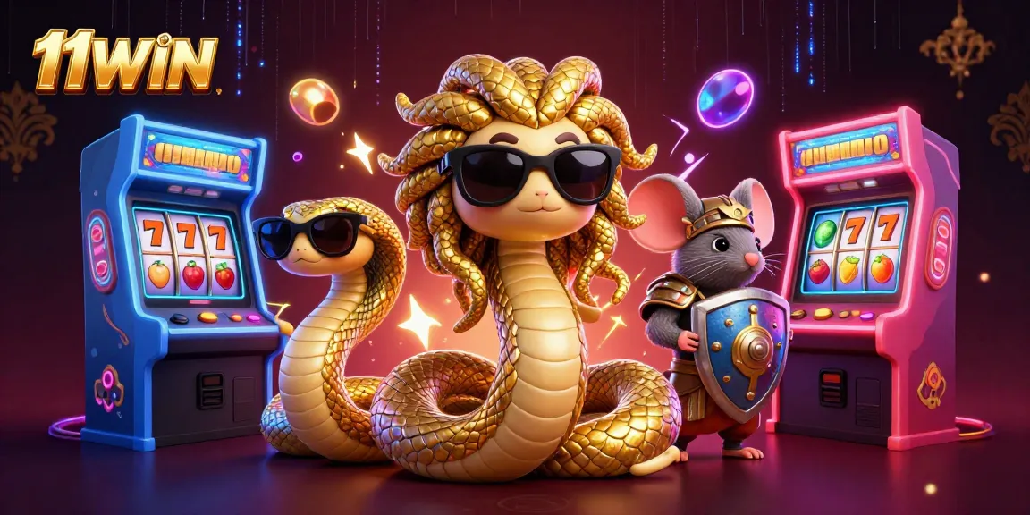 Experience the vibrant action of 11WIN casino featuring Medusa and a warrior mouse amidst slot machines.