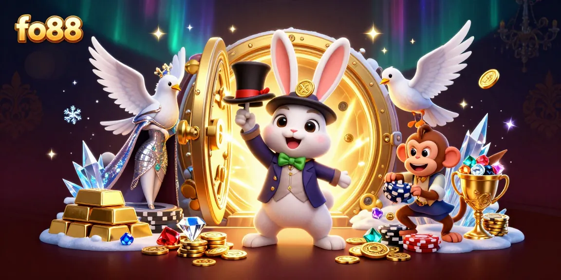 Experience the magic of fo88 with a dynamic 3D illustration of a rabbit pulling coins, capturing thrilling casino excitement.