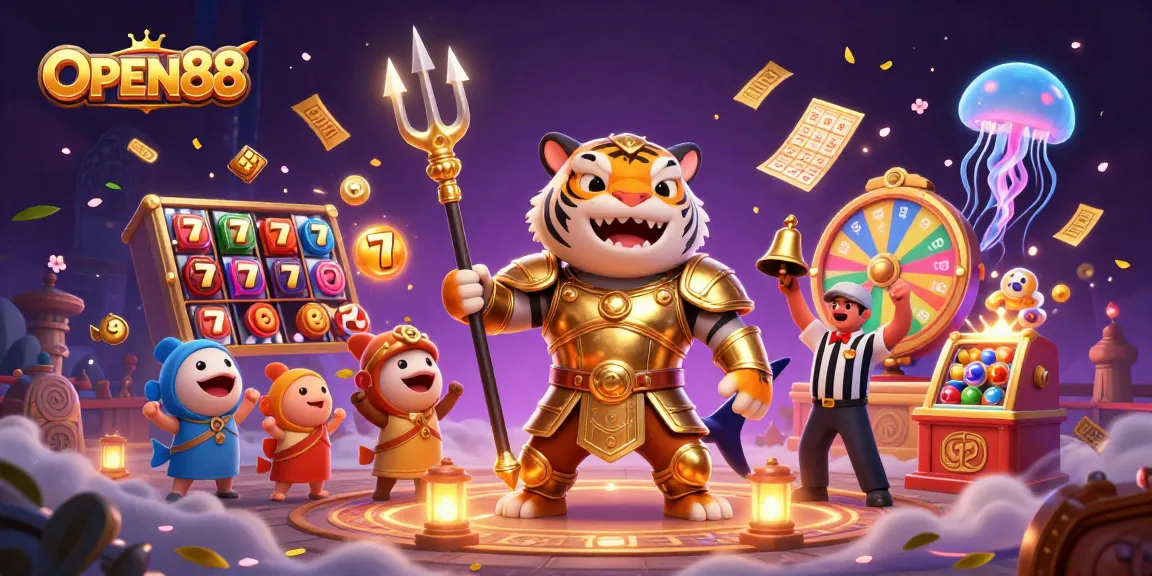 Experience thrilling wins at OPEN88 with a dynamic underwater casino scene featuring a shark in gladiator armor.