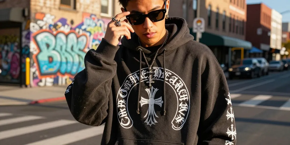 Chrome Hearts oversized hoodie and jewelry worn by stylish individual in urban fashion scene, vibrant city backdrop.
