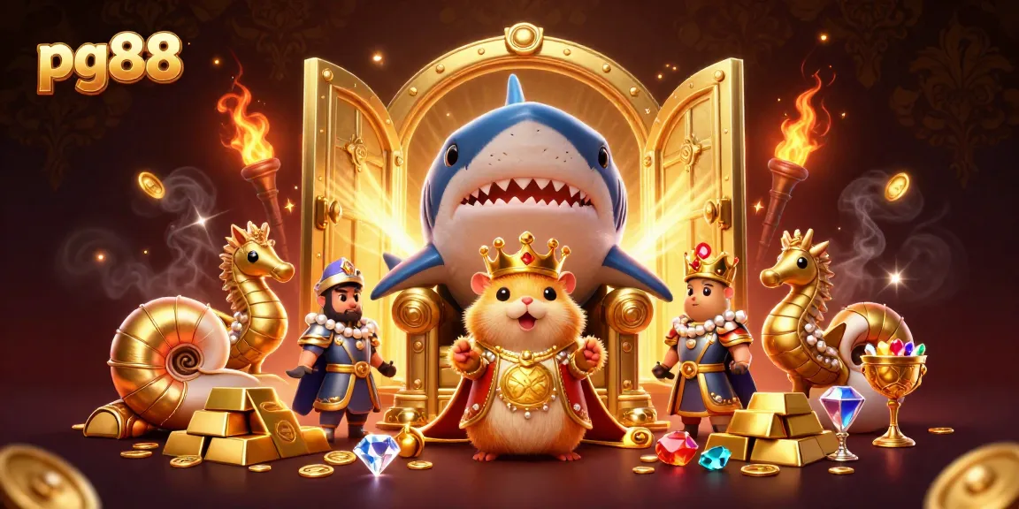 Engage with pg88's vibrant casino world, featuring a golden hamster king and treasures galore.