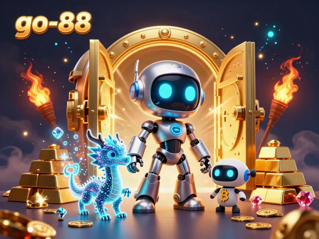 Spin to win at go-88 with a dynamic scene of a cyberpunk robot, AI dragon, and bitcoin symbols amid gold treasures.