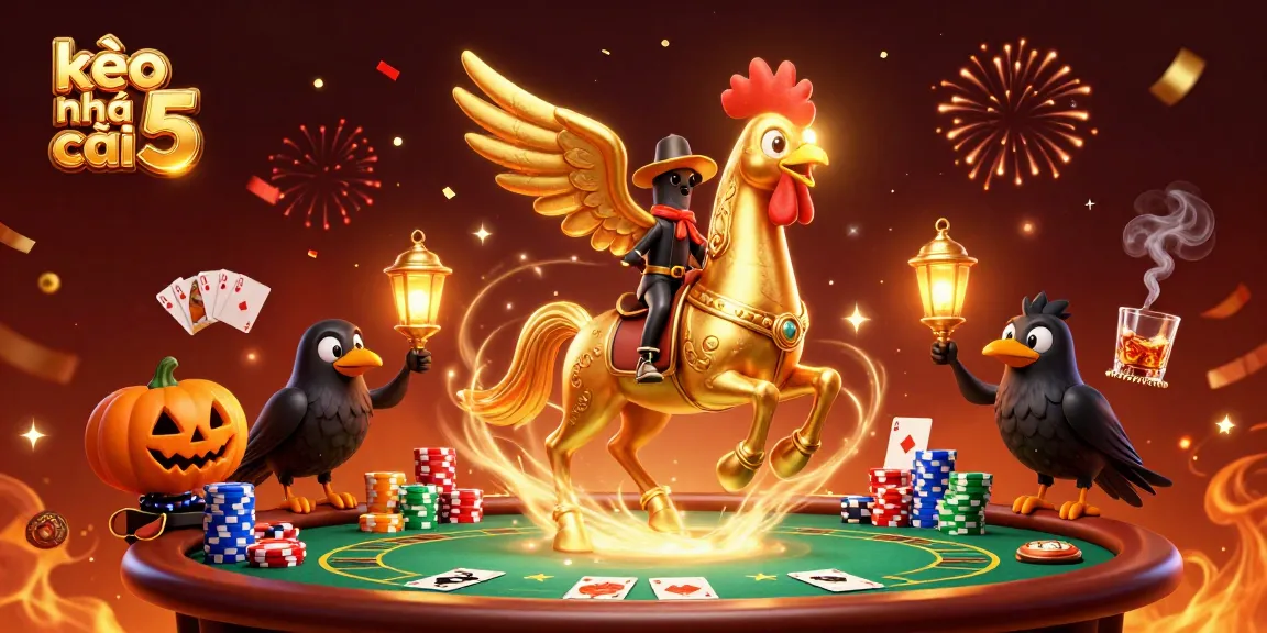Experience the thrill of kèo nhà cái 5 with a vibrant casino scene featuring a golden rooster and poker elements.