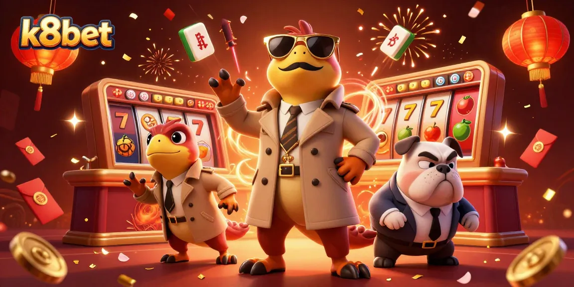 Experience thrilling slots and jackpots at k8bet with raptors and a bulldog in an animated casino scene.