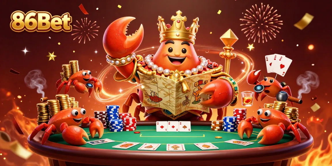 Experience the vibrant world of 86Bet with a golden crab emperor in a lively casino scene.