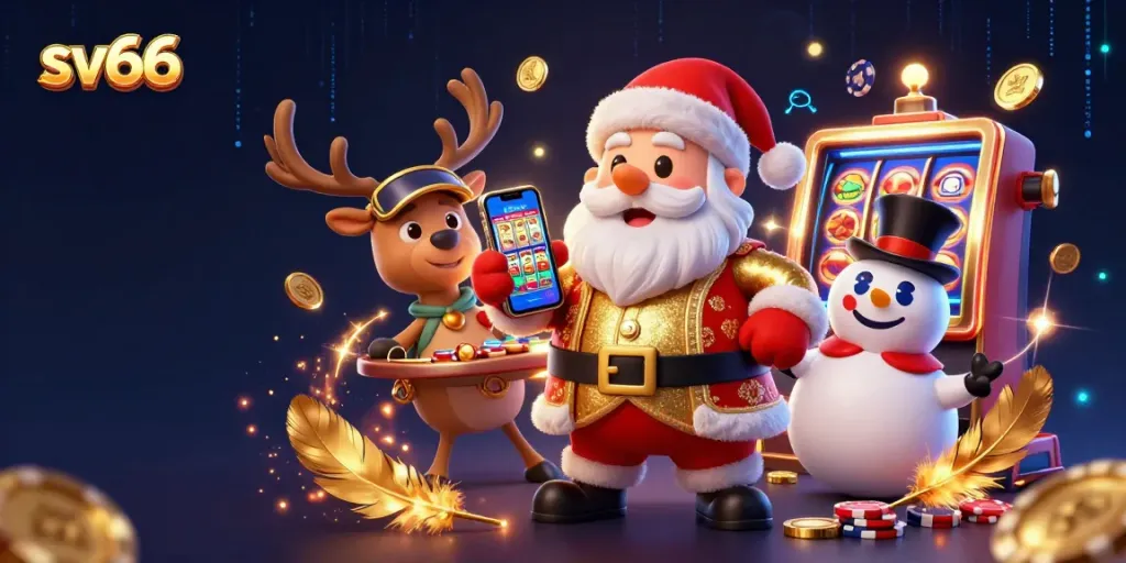 Engage with sv66 at the casino featuring Santa, a reindeer dealer, and a poker chip snowman amid dynamic slot reels.